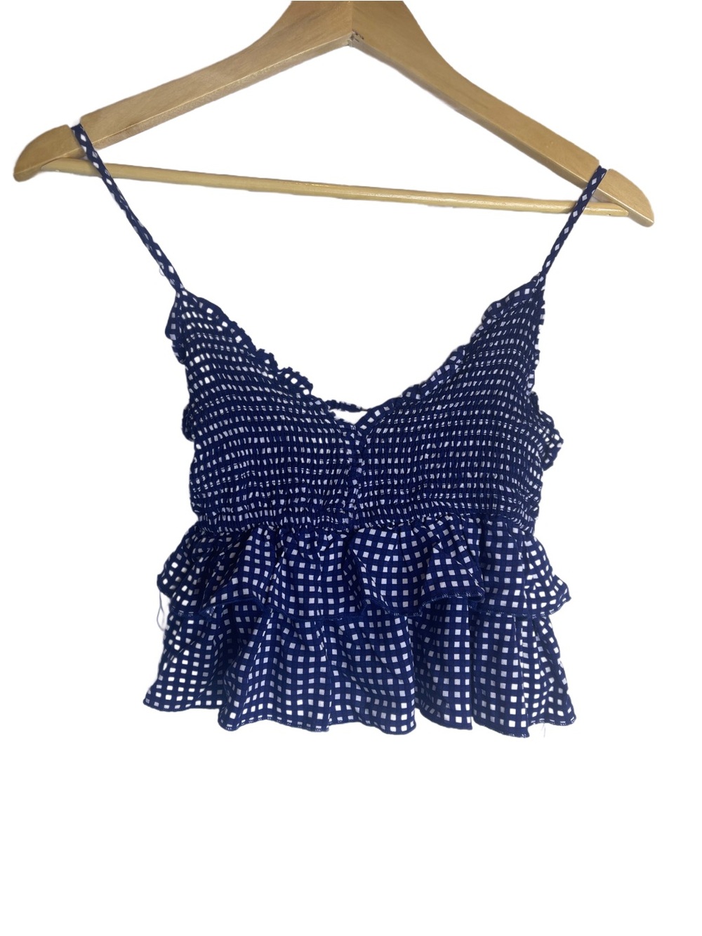 Ocean Drive Navy Gingham Ruffle Smocked Cami Top